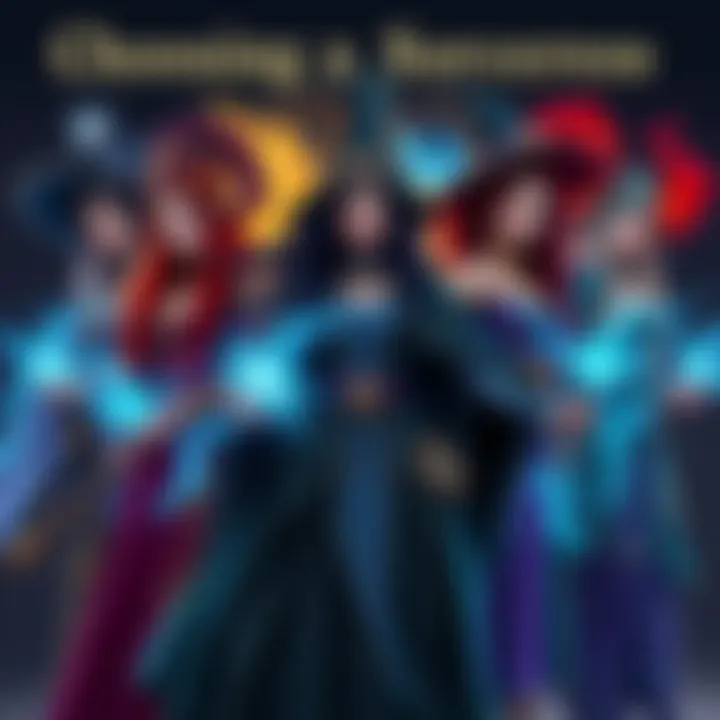 A group of diverse sorceresses displaying different magical styles, showcasing their unique attire and powers