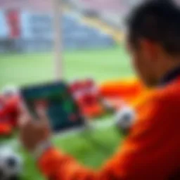 A person reviewing options for soccer teams on a tablet, with soccer gear in the background