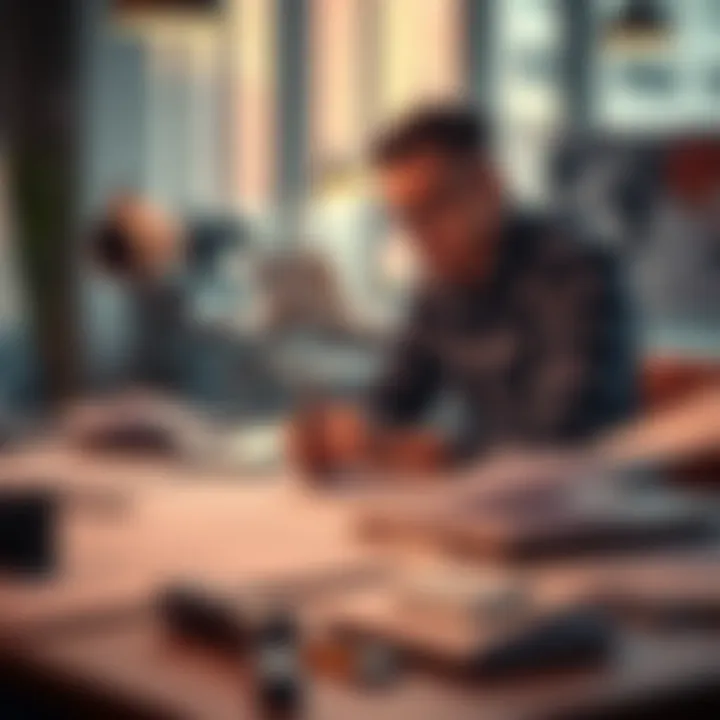 Choosing Design Ideas A designer analyzing various design concepts on a table, with sketches and notes spread out, looking thoughtful and focused.