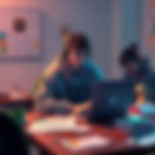 A person sitting at a desk with a laptop, brainstorming ideas for a game jam, surrounded by sketches and notes.