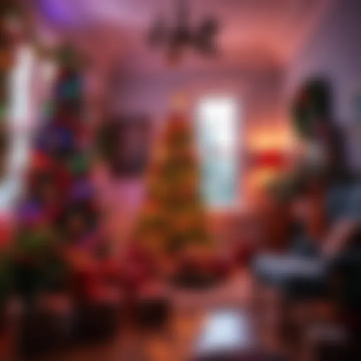 A cozy room filled with 1997 Christmas decorations, including a tree adorned with colorful lights and vintage ornaments, surrounded by gifts and festive holiday items.