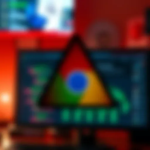 A warning sign over a computer screen displaying Google Chrome, highlighting a security flaw that risks user data.