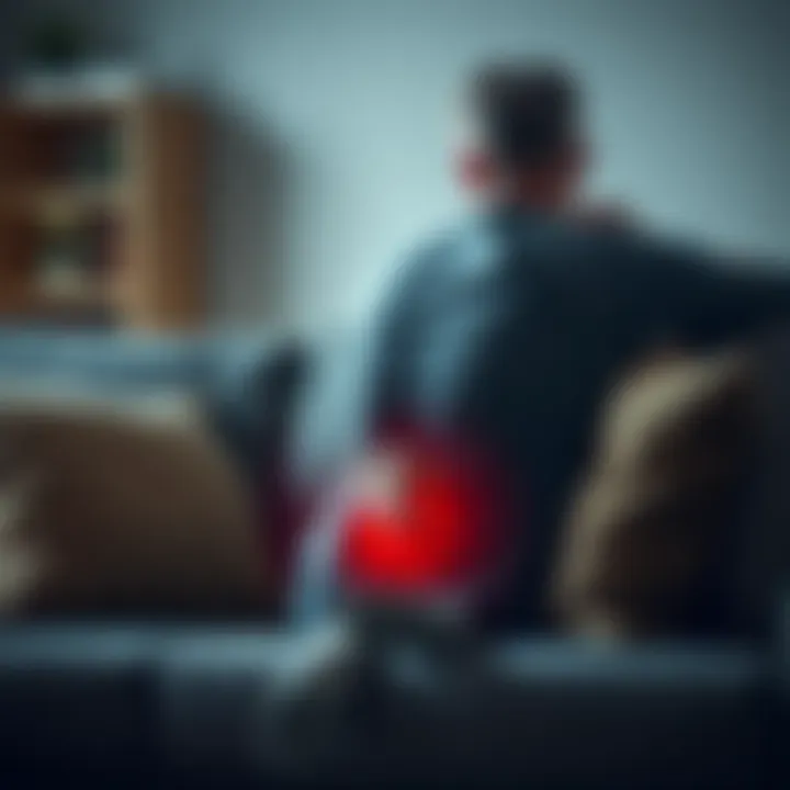 A person sitting on a couch with a pained expression, holding their lower back, symbolizing chronic pain