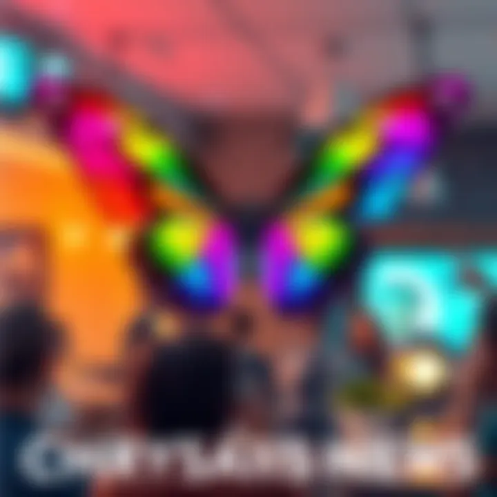 A colorful butterfly with chrome-like wings representing the Chrysalis project, surrounded by people discussing and sharing ideas in a vibrant community setting.