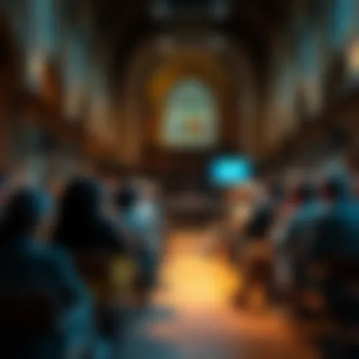 A diverse group of people sitting in a church, engaging in conversation about video credibility and technology challenges, with a warm atmosphere