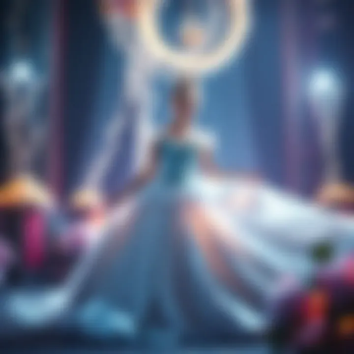 Cinderella wearing a stunning ball gown, surrounded by twinkling lights and magical elements