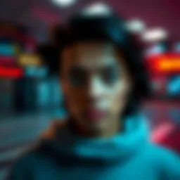 A person in sharp focus with a blurred background, showcasing vibrant colors and dynamic motion effects.