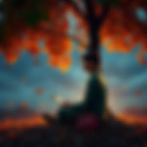 A person sitting under a tree, listening to music with an introspective look, surrounded by autumn leaves, representing the theme of searching for time.
