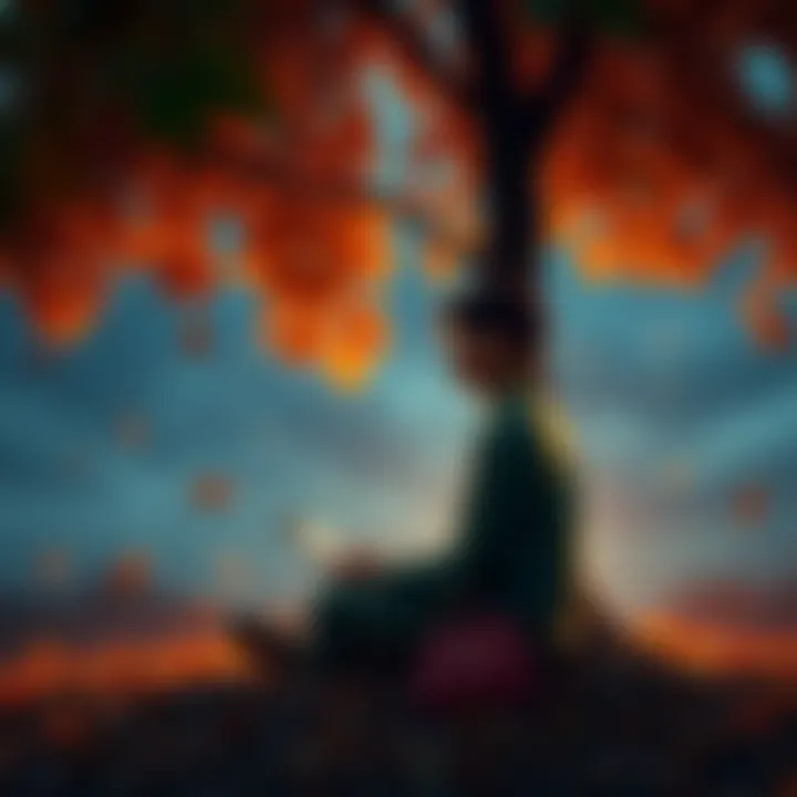 A person sitting under a tree, listening to music with an introspective look, surrounded by autumn leaves, representing the theme of searching for time.