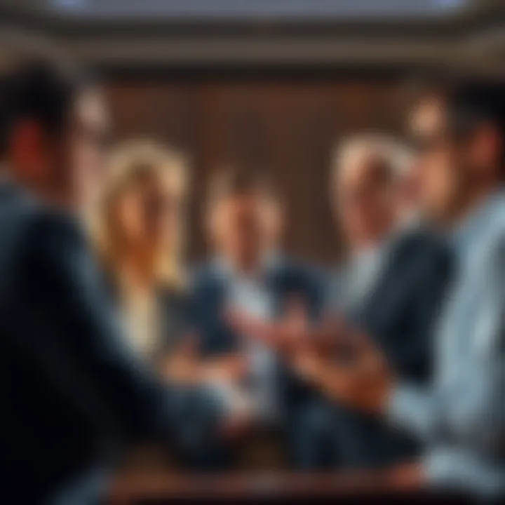 A group of professionals engaged in a debate, showing similar expressions and gestures while discussing counterarguments, indicating repetitive reasoning patterns.