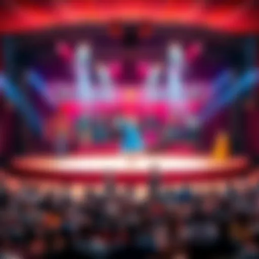 A colorful circus stage featuring performers in unique costumes expressing diverse identities and art forms, with a vibrant audience enjoying the show.