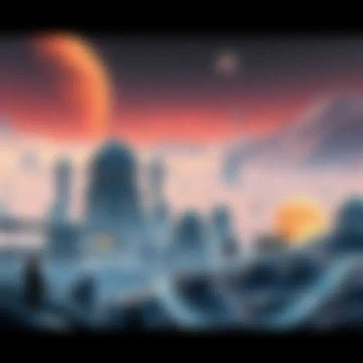 Cities on the Moon and Mars Concept image of futuristic cities on the Moon and Mars with people living and working in these environments
