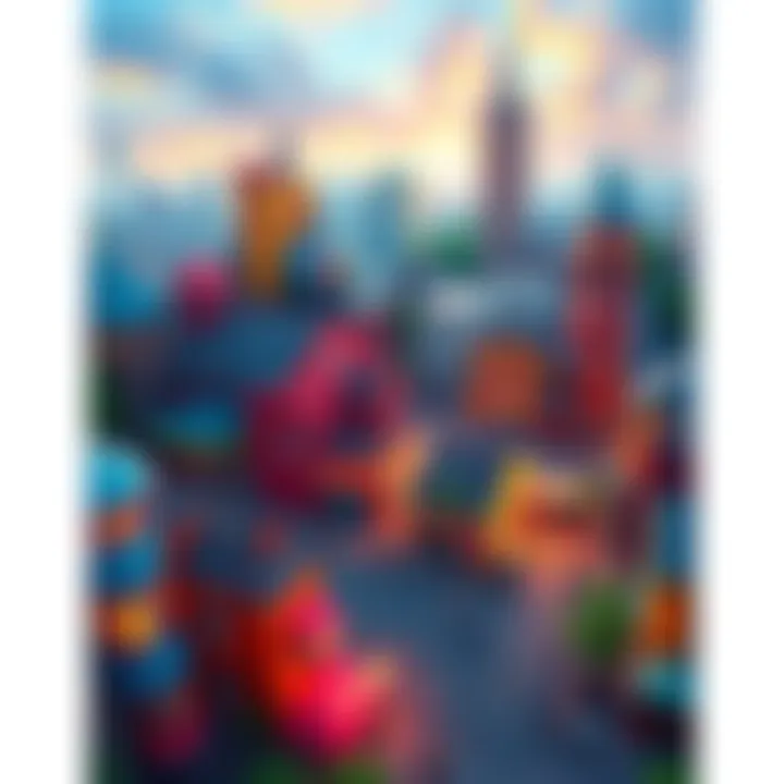 City Builder Game Preview An overview of a vibrant city in a city builder game, showing colorful buildings, bustling streets, and community interactions.