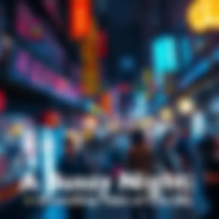 A lively city street at night with people enjoying various activities, bright lights, and bustling atmosphere.