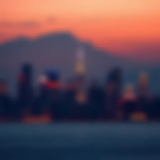 A city skyline with glowing lights at dusk, symbolizing connection and distance in modern life.