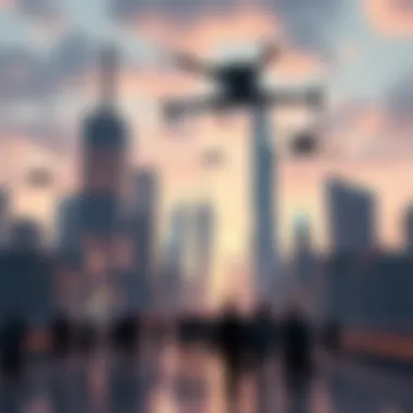 A modern city skyline showing advanced technology and AI elements, hinting at a possible future. People walk below, looking up at drones in the sky.