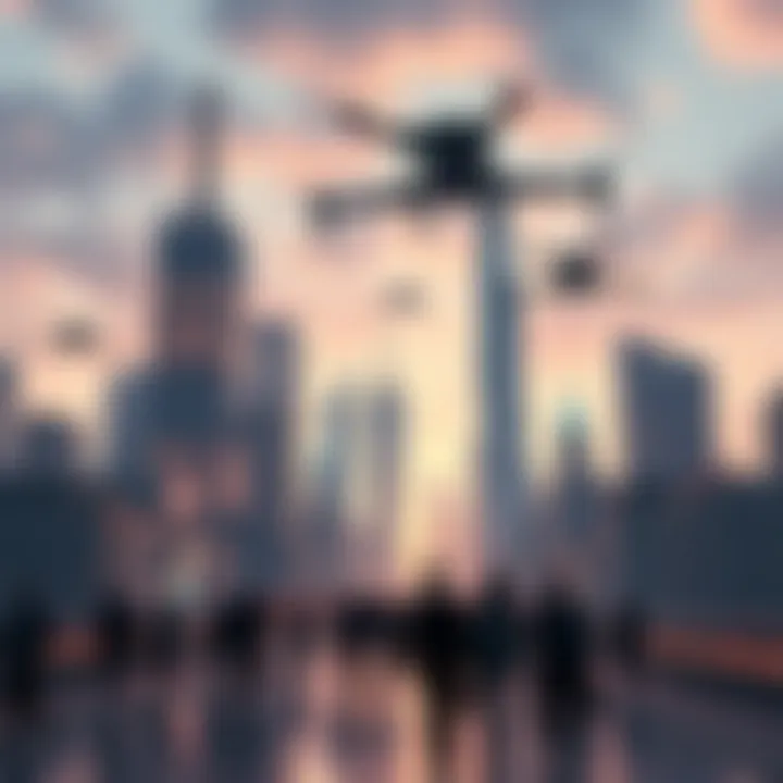 A modern city skyline showing advanced technology and AI elements, hinting at a possible future. People walk below, looking up at drones in the sky.