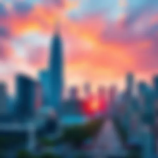 A vibrant city skyline featuring towering skyscrapers, reflecting the growth of global megacities, with a busy street below.