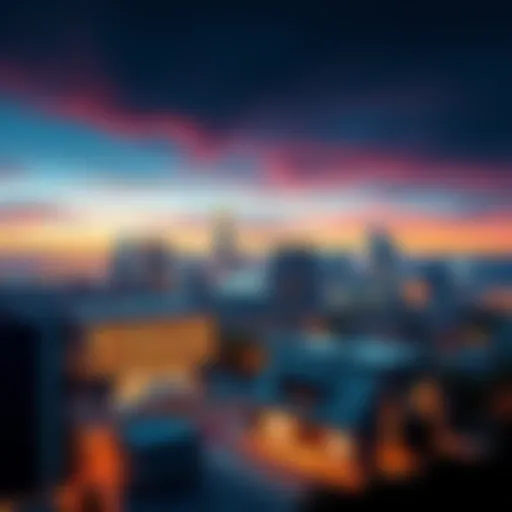 A view of a city skyline representing a potential relocation area, with a satellite office in the foreground.