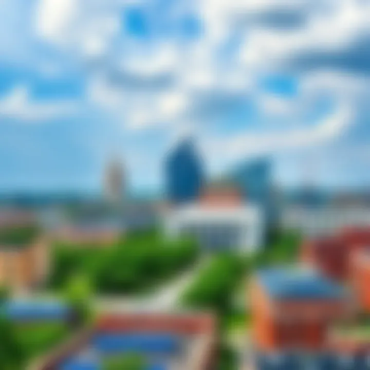 A city skyline featuring buildings with solar panels on rooftops and green spaces, symbolizing emission reduction and cost-saving strategies