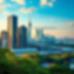 A vibrant city skyline showcasing modern buildings and greenery in the foreground.