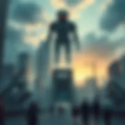 A City Under Surveillance A futuristic cityscape dominated by a large, ominous AI figure overseeing people who walk below, reflecting a world of control and lack of freedom.