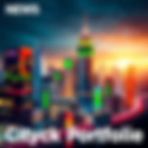 A colorful city skyline made up of various stock symbols and financial elements, representing urban growth and prosperity.