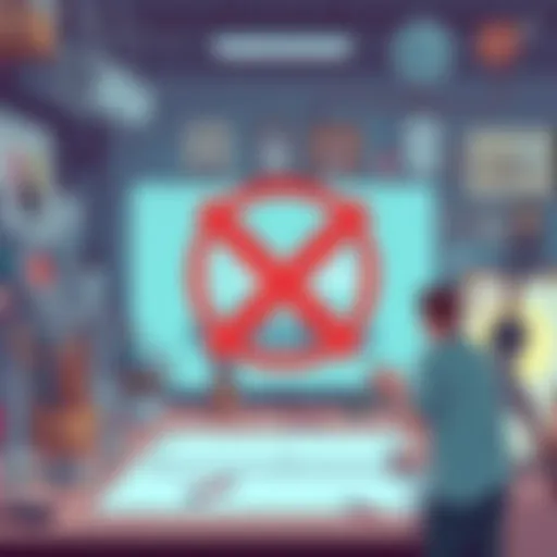 A digital illustration showing a CivitAI logo with an overlaid red cross indicating the ban on NSFW art, surrounded by art supplies and a worried artist looking on.