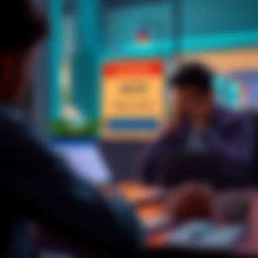 A person frustrated while trying to make a payment online, with a laptop showing payment options and a warning sign.
