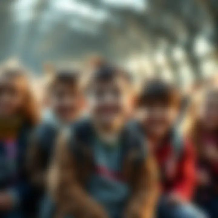 A group of children on a school field trip, smiling, with odd figures in the background that suggest something unsettling.