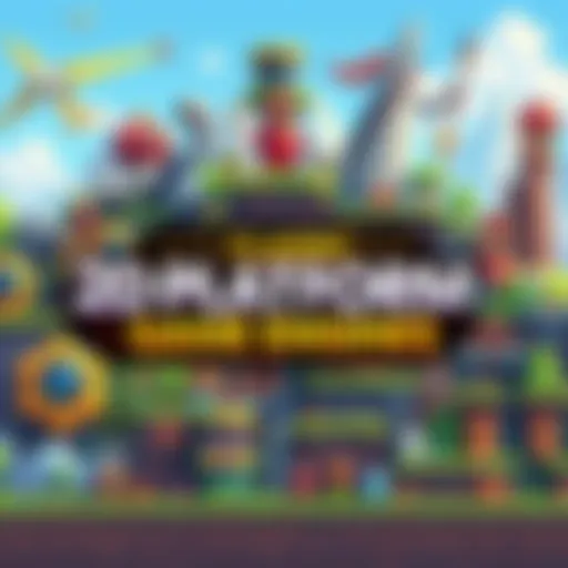 A collage of popular game engines with 2D platform game elements like characters and landscapes