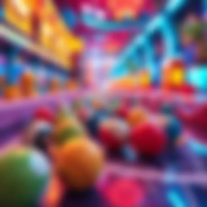 Colorful marbles rolling through a vibrant arcade level filled with obstacles and fun elements