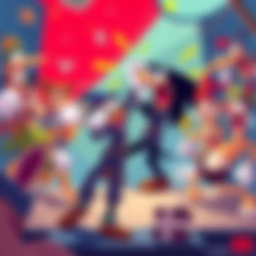 A colorful illustration featuring classic cartoon characters from the 1920s and 1930s in a dynamic fight scene, showcasing their unique styles and animations in a platform setting.