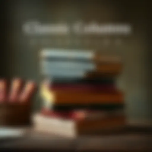 A stack of classic literature books featuring timeless columns and writings.