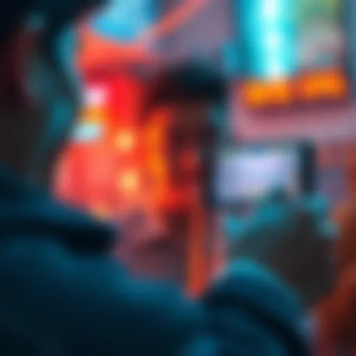 A nostalgic scene of a person playing a mobile game on their phone, showing a joyful expression and bright game graphics on the screen.