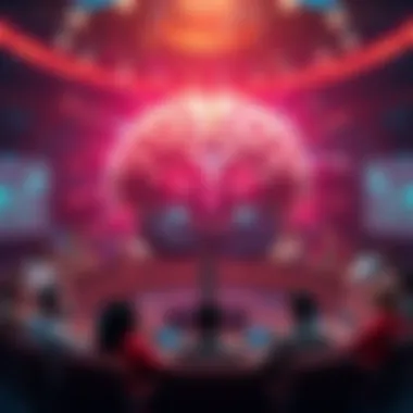 A graphic representation of Claude influencing discussions on anthropomorphic AI, showing a modern AI brain surrounded by people debating topics in AI development.