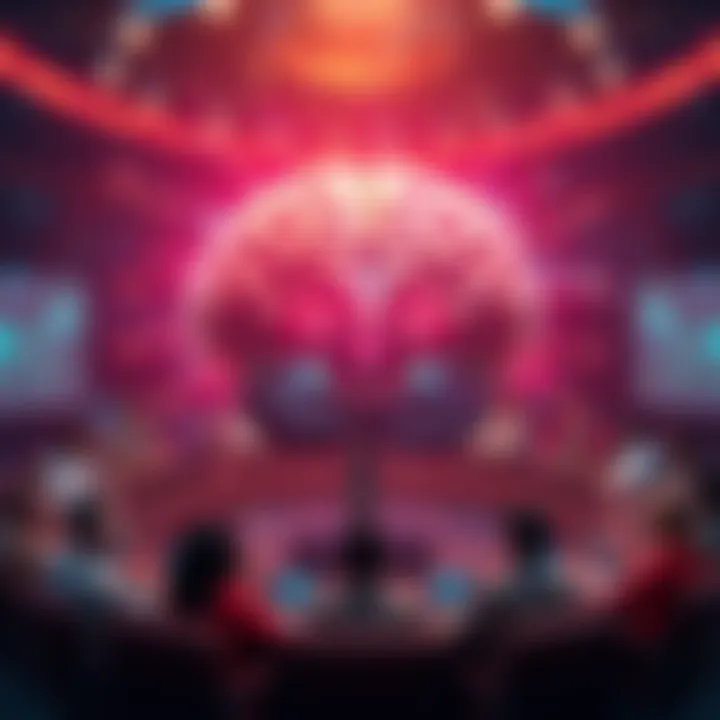 A graphic representation of Claude influencing discussions on anthropomorphic AI, showing a modern AI brain surrounded by people debating topics in AI development.