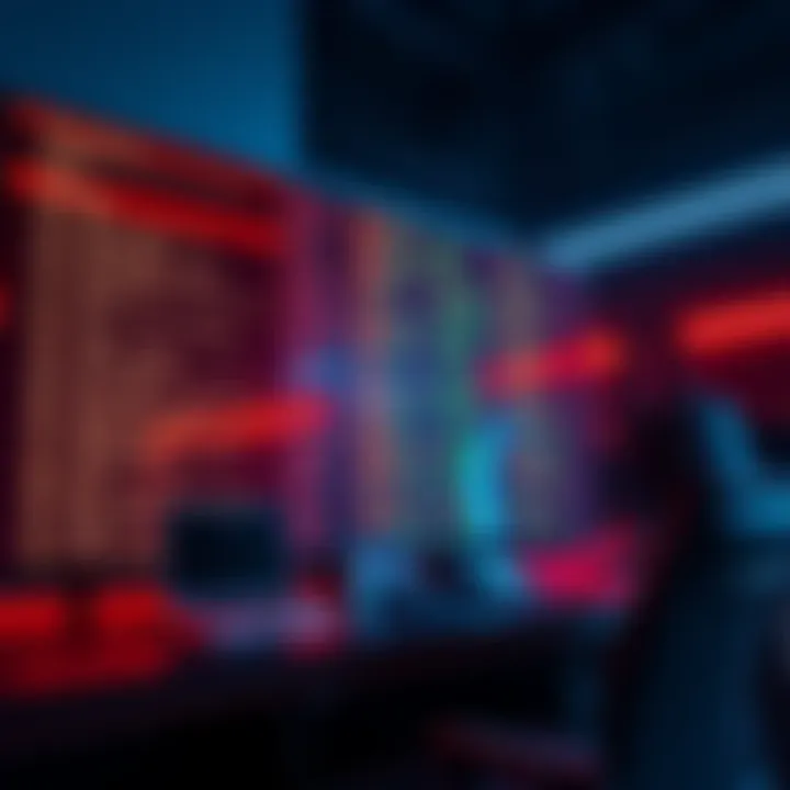 A large screen displaying lines of code with a computer setup in the background, signifying the recent leak of the Claude Code CLI.