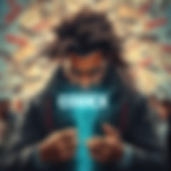 A visual representation of Claude Code struggling against Codex, surrounded by a chaotic swirl of text symbolizing Opus 5's complex responses, with frustrated people in the background seeking clarity.