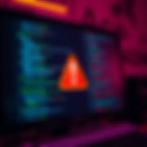 A computer screen showing lines of code with a warning symbol, representing the leak of the Claude Code CLI source code from the npm registry.