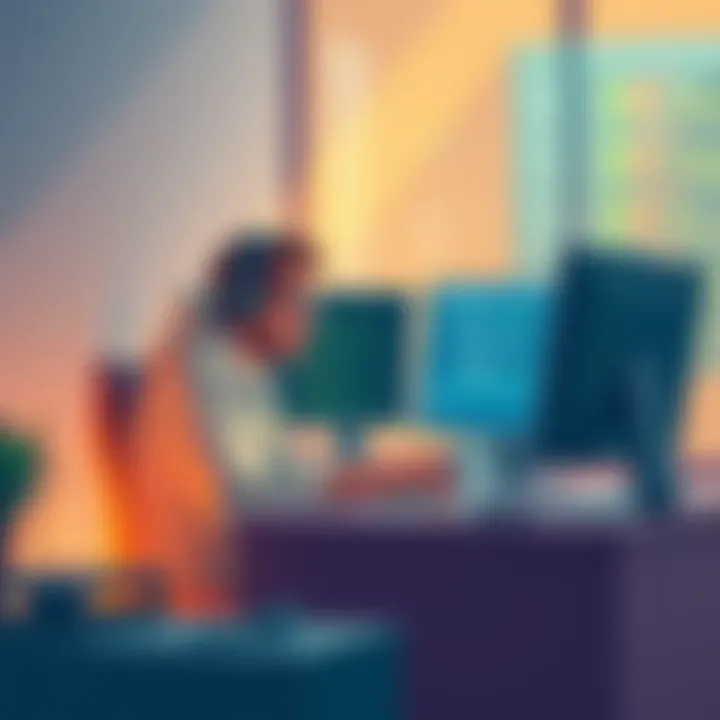 Claude Coding A simplified illustration of Claude assisting a person in coding tasks on a computer, showcasing lines of code and a focused environment.