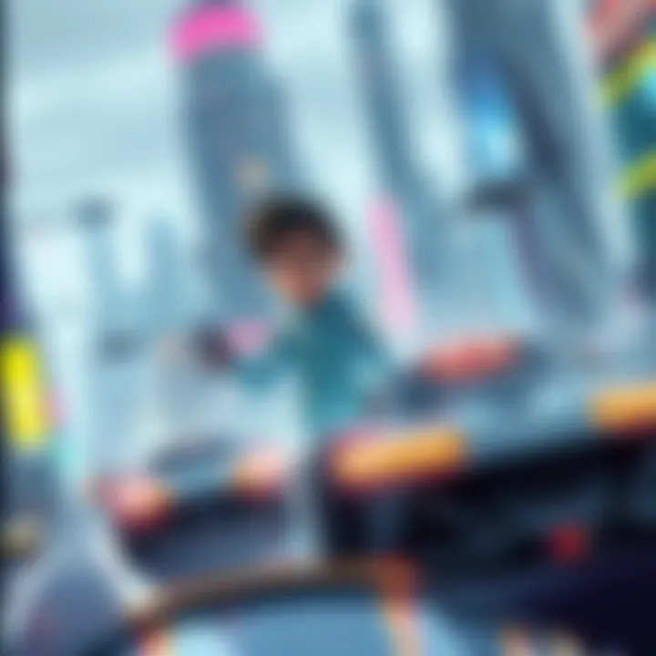 Claude navigating a vibrant, advanced city in the year 3000 with flying cars and tall buildings