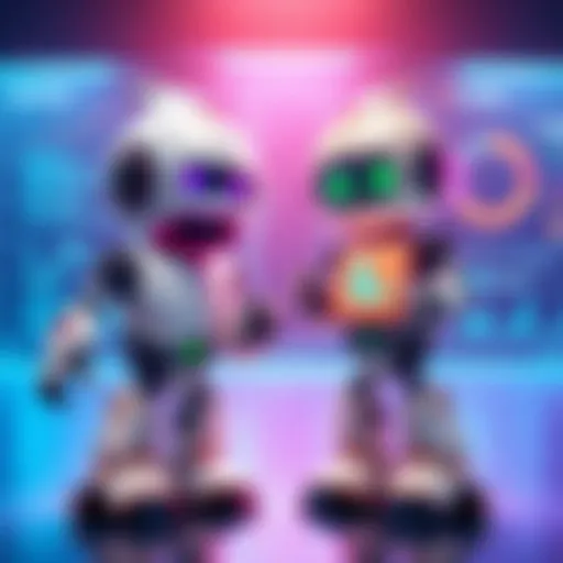 Illustration showing Claude and ChatGPT as friendly robots comparing their skills in writing, coding, and image generation, with a background of digital tools and charts.