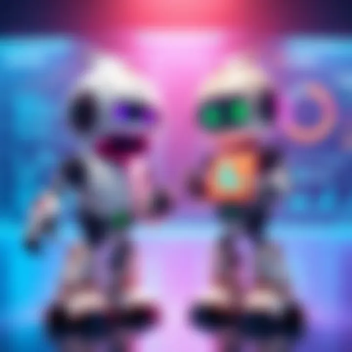 Illustration showing Claude and ChatGPT as friendly robots comparing their skills in writing, coding, and image generation, with a background of digital tools and charts.