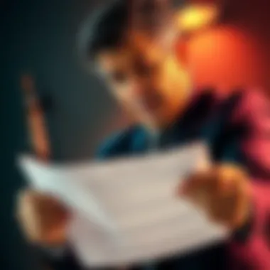 A person in a suit looking over documents with a worried expression, symbolizing deceit and unethical tactics in business.