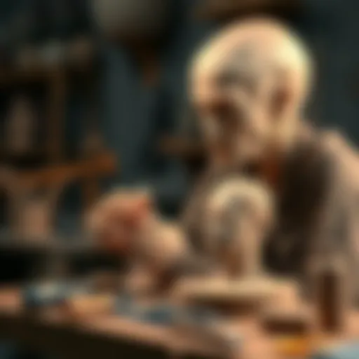 A beginner sculptor shaping a clay figure with tools on a workbench, showing challenges in sculpting techniques.