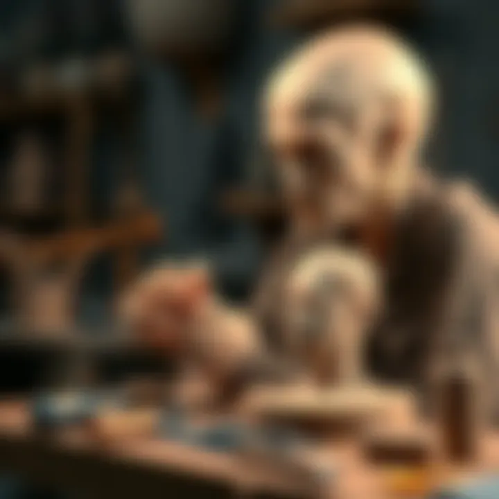 A beginner sculptor shaping a clay figure with tools on a workbench, showing challenges in sculpting techniques.