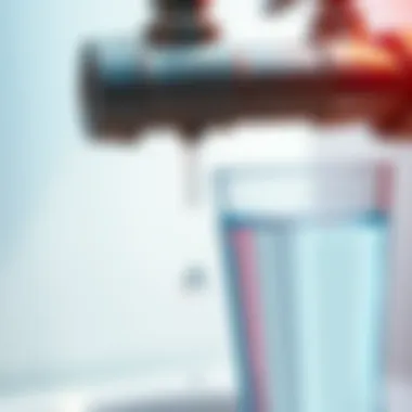 A close-up of a water faucet dripping, with a glass of clear water in the foreground, representing the urgent need for clean drinking water.