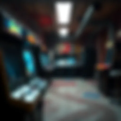 A row of shiny game machines contrast with the old, dirty basement setting full of grime and dust.