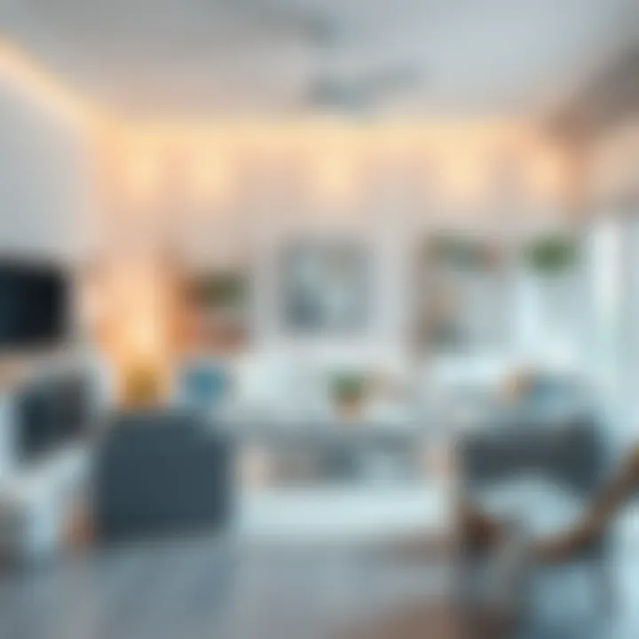 A neatly organized living room showcasing a bright, inviting atmosphere with tidy furniture and decorative items.